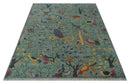 Green Hand-Knotted Wool Area Rug Peacock Jungle Tropical Foliage Design Multi Size