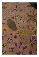 Hand-Knotted Wool Area Rug featuring Peacock on Tree Motif in Warm Peach Tones Multi Size