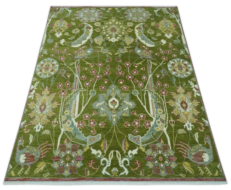 The Peacock Garden Green Bird Hand Knotted 8x10 and 9x12 Wool Area Rug