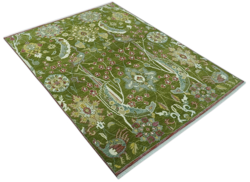 The Peacock Garden Green Bird Hand Knotted 8x10 and 9x12 Wool Area Rug
