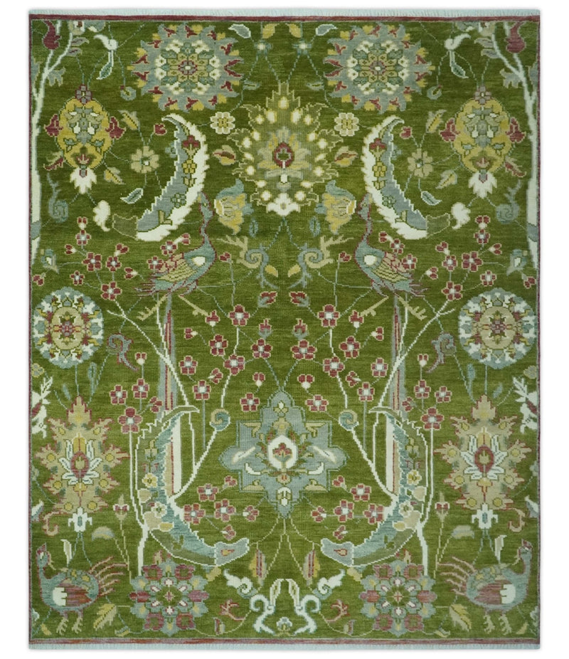 The Peacock Garden Green Bird Hand Knotted 8x10 and 9x12 Wool Area Rug