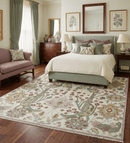 Wool Area Rug Hand Knotted Ivory and Green Peacock Garden Artisan