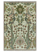 Wool Area Rug Hand Knotted Ivory and Green Peacock Garden Artisan