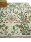 Wool Area Rug Hand Knotted Ivory and Green Peacock Garden Artisan