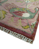 Pink and Green Peacock Garden Hand Knotted Wool Area Rug Traditional Weaving Design