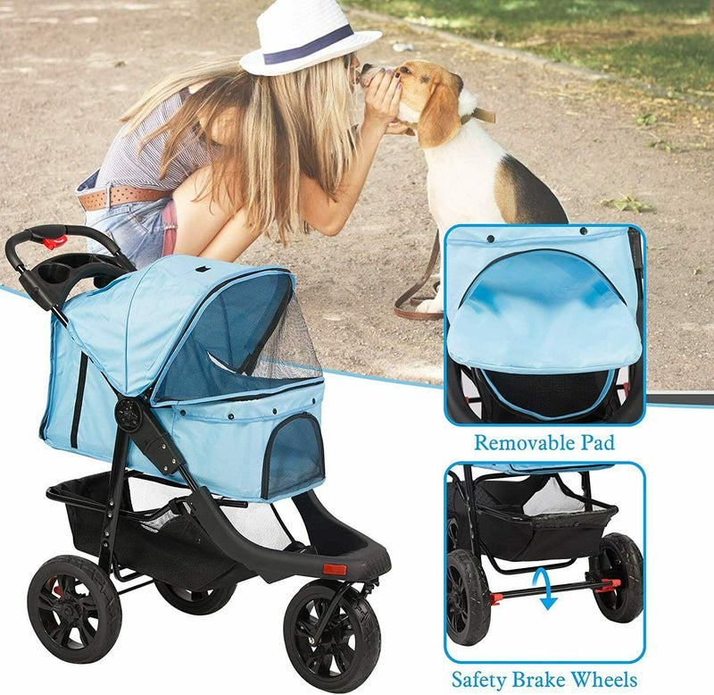 3-Wheels pet Stroller, Foldable Jogger Pet Stroller with Storage Basket, Blue