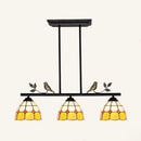 GobekUsa Tiffany Style Dome Shade Island Lighting - 3-Head Antique Brass/Black Hanging Lamp with Bird Accent