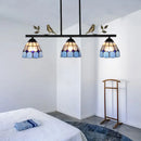 GobekUsa Stylish Tiffany Pendant Light Fixture - Stainless Glass Blue Island Lighting with Grid Dome Shade, 3 Heads - Curved/Bird Design