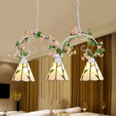 GobekUsa Tiffany Style Island Pendant Light Kit with Stainless Glass Cone Shades - Pink/White, 3 Heads, Leaf Pattern