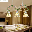 GobekUsa Tiffany Style Island Pendant Light Kit with Stainless Glass Cone Shades - Pink/White, 3 Heads, Leaf Pattern