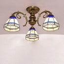 GobekUsa Tiffany Style Ceiling Light - Blue Stained Glass Bell Shade - Semi Flush Mount Fixture with 3 Heads