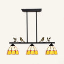 GobekUsa Tiffany Style Dome Shade Island Lighting - 3-Head Antique Brass/Black Hanging Lamp with Bird Accent