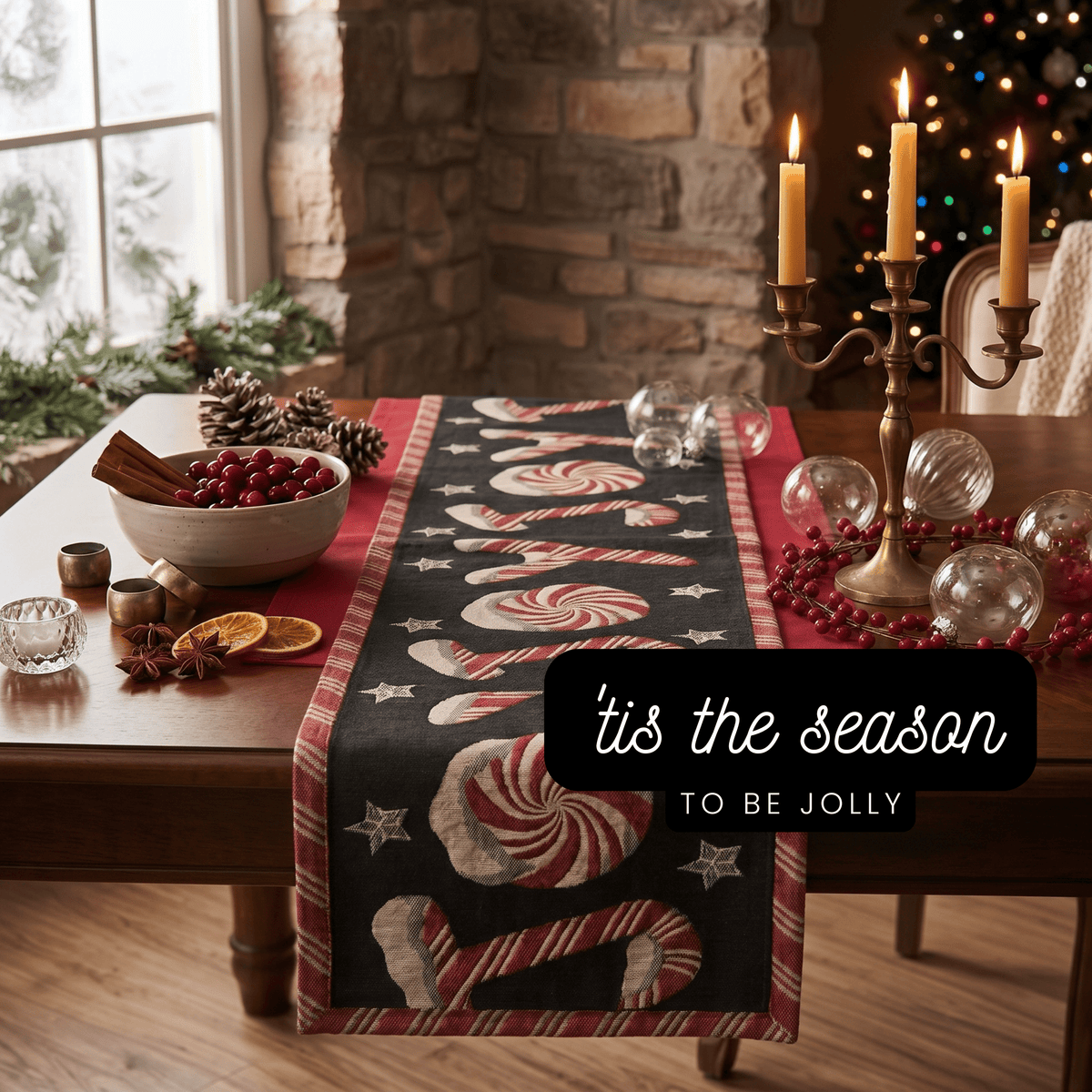 DaDa Bedding Peppermint Joy Red Black Holiday Tapestry Dining Table Runner (12904), photo 3 of 19