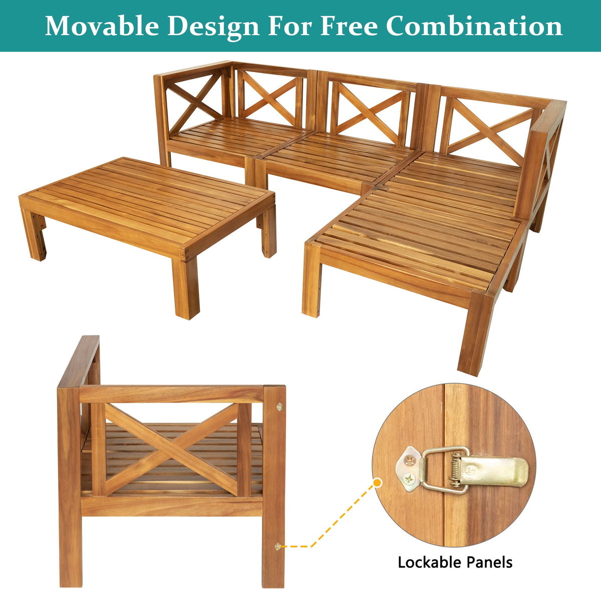Topmax Outdoor Patio Wood 5-Piece Sectional Sofa Seating Group Set, photo 5 of 28