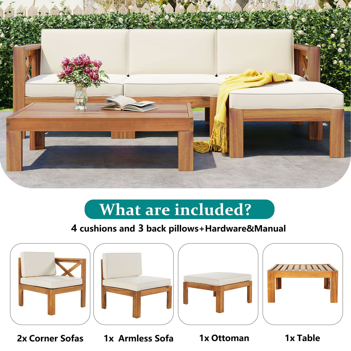 Topmax Outdoor Patio Wood 5-Piece Sectional Sofa Seating Group Set, photo 7 of 28