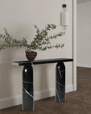 Toros Black Marble Designer Round Legs Console Polished (W)15" (L)40" (H)32" wooden floors plant on it wide view