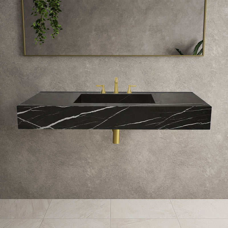 Toros Black Marble Rectangular Wall-mount Bathroom Sink (W)20" (L)48" (H)6"