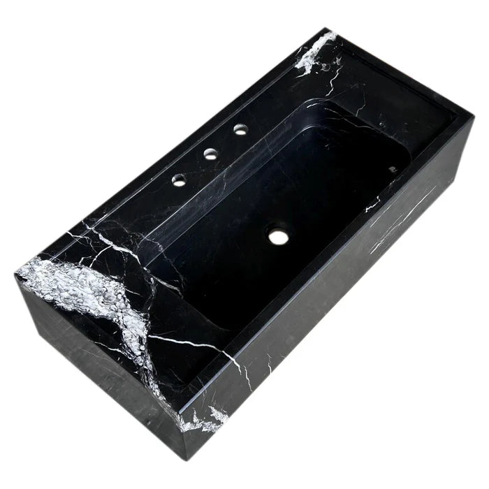 Toros Black Marble Rectangular Wall-mount Bathroom Sink (W)16" (L)36" (H)10"