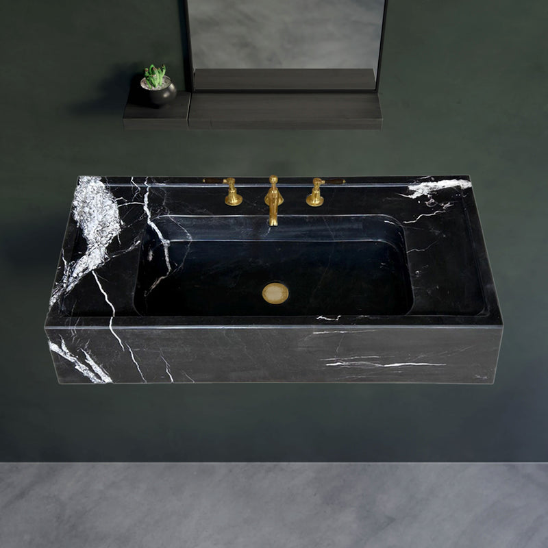 Toros Black Marble Rectangular Wall-mount Bathroom Sink (W)16" (L)36" (H)10"