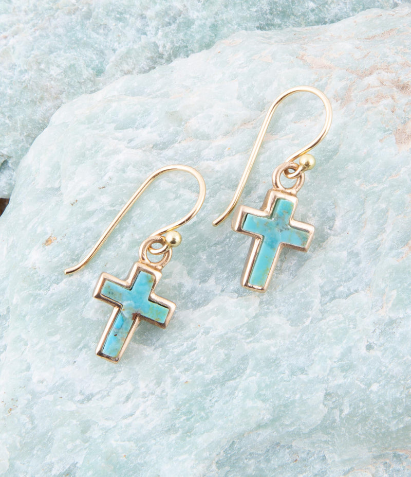 Touch of Blue Turquoise Golden Cross Drop Earrings