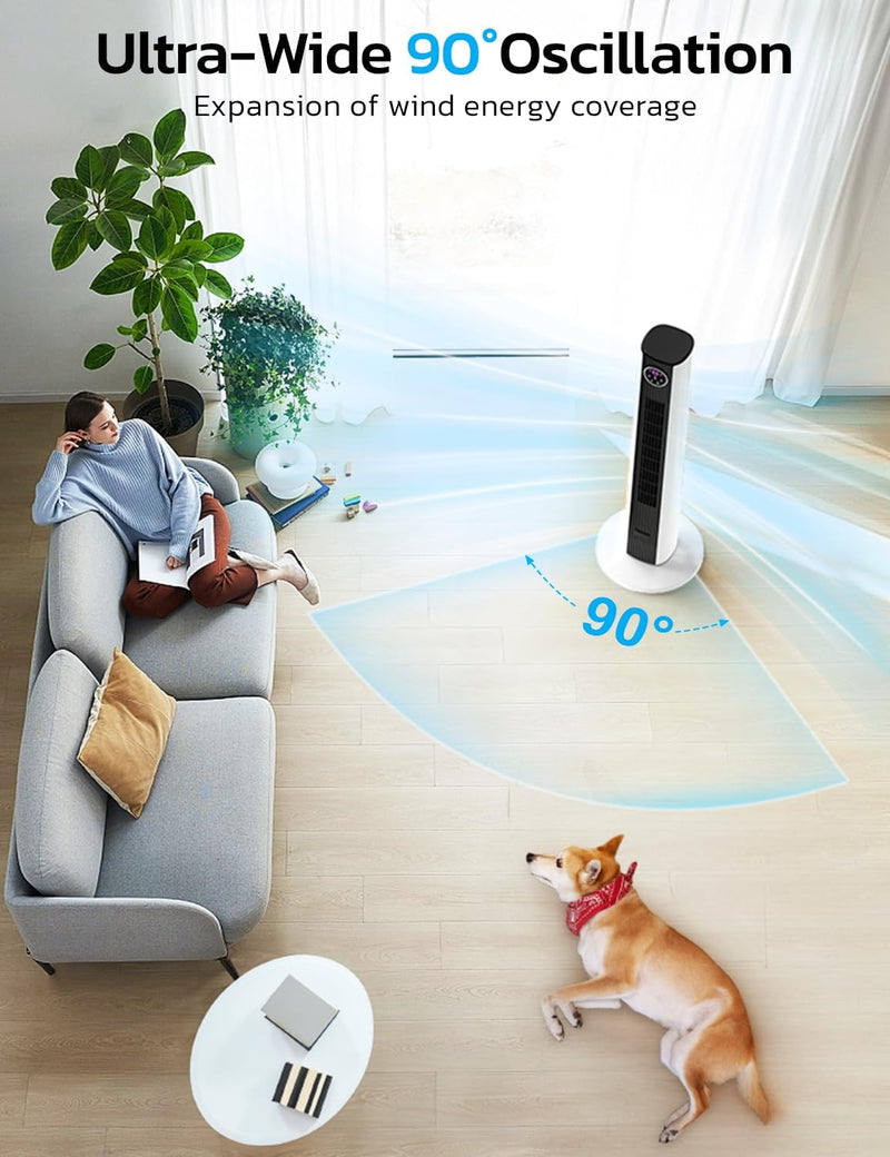 Tower Fan for Bedroom, 90° Oscillating Fan with 12H Timer, 37”Standing Fans with Remote, Bladeless Fan with 4 Modes & 3 Speeds