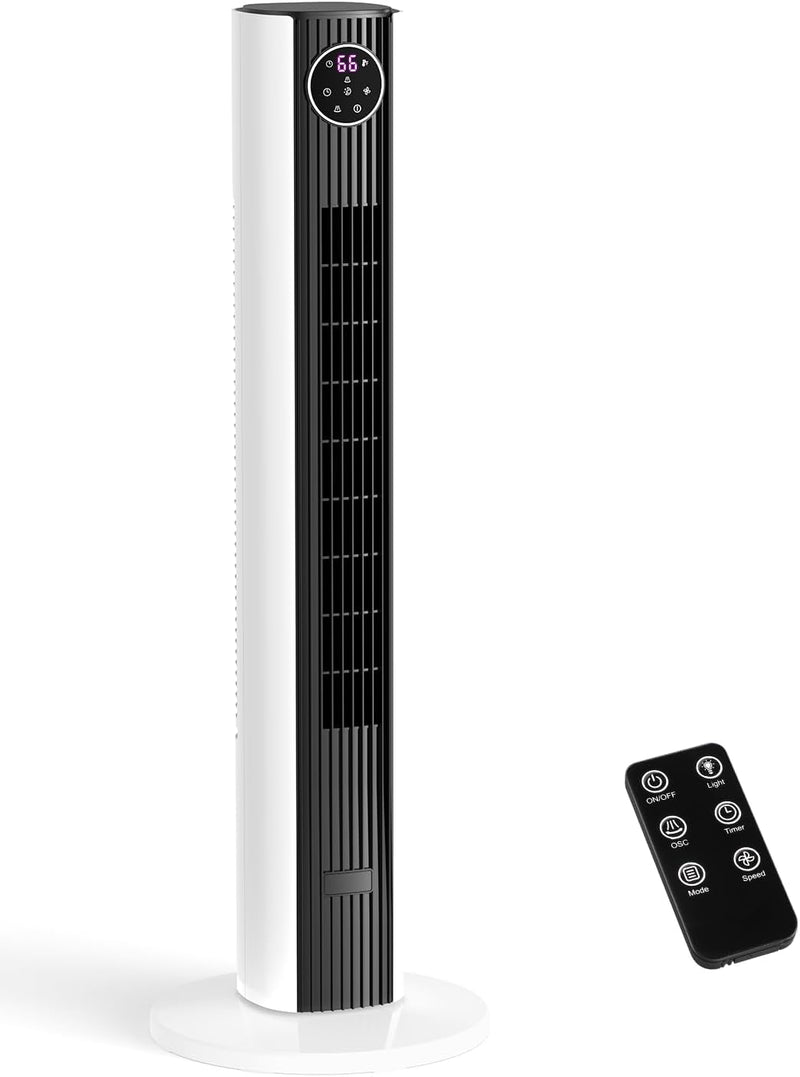 Tower Fan for Bedroom, 90° Oscillating Fan with 12H Timer, 37”Standing Fans with Remote, Bladeless Fan with 4 Modes & 3 Speeds