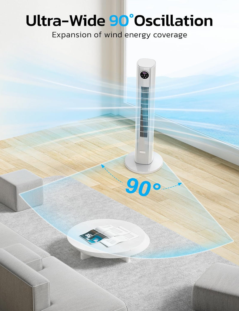 Tower Fan for Bedroom, 90° Oscillating Fan with 12H Timer, 37”Standing Fans with Remote, Bladeless Fan with 4 Modes & 3 Speeds