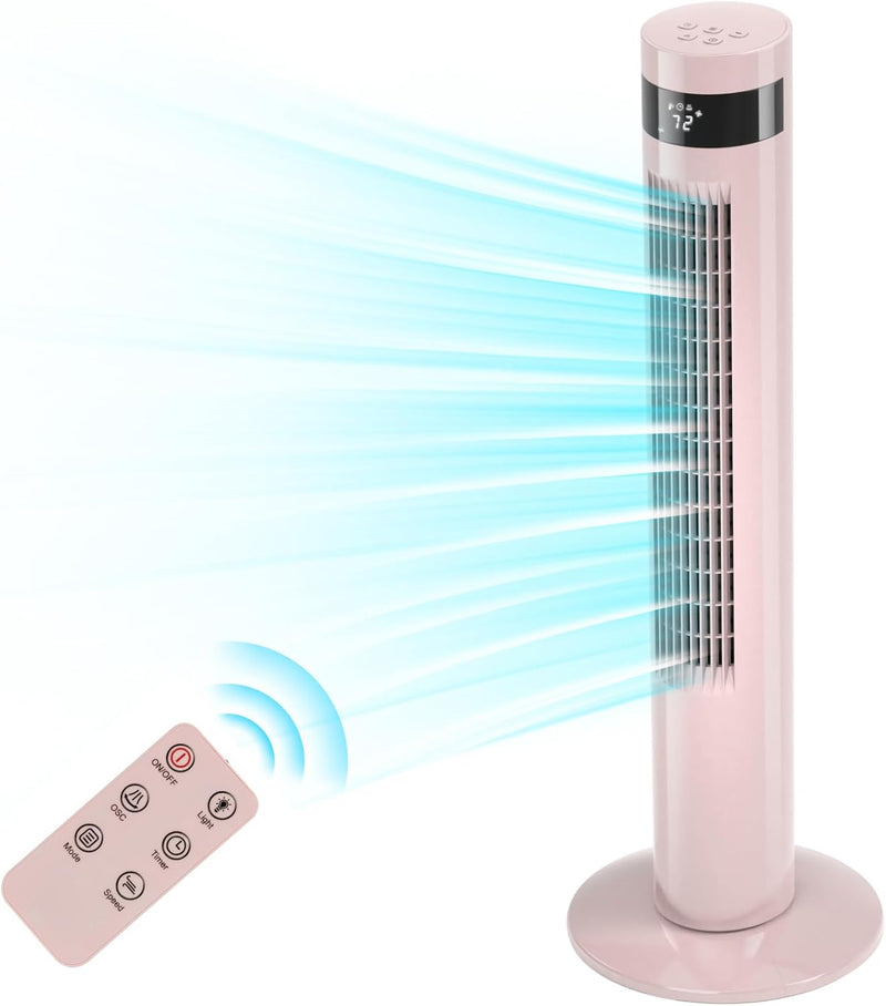 Tower Fan Portable Electric Oscillating Fan Quiet Cooling Remote Control Standing Bladeless Floor Fans 3 Speeds Wind Modes Timer