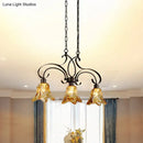 GobekUsa Traditional Black Island Lamp with Amber Glass, Floral Design, and 3 Down Lighting Pendants for Dining Room