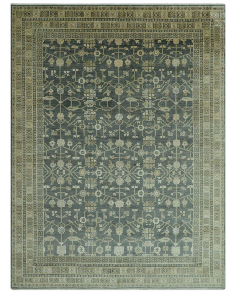 Traditional Design Charcoal And Beige 9x12 Hand Knotted Wool Area Rug