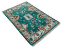 Traditional Design Teal Hand knotted 4x6 Wool Area Rug