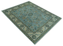 Traditional Floral Blue and Beige 8X10 Antique Style Hand Knotted Wool Rug