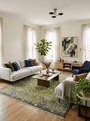 Wool Area Rug Traditional Floral Green and Blue Hand Knotted