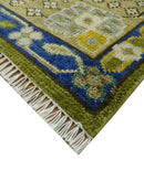 Traditional Floral Green and Blue Hand Knotted Multi size wool area rug