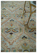 Traditional Floral Ikat Design Silver, Rust and Green Hand knotted 6x9 wool Area Rug