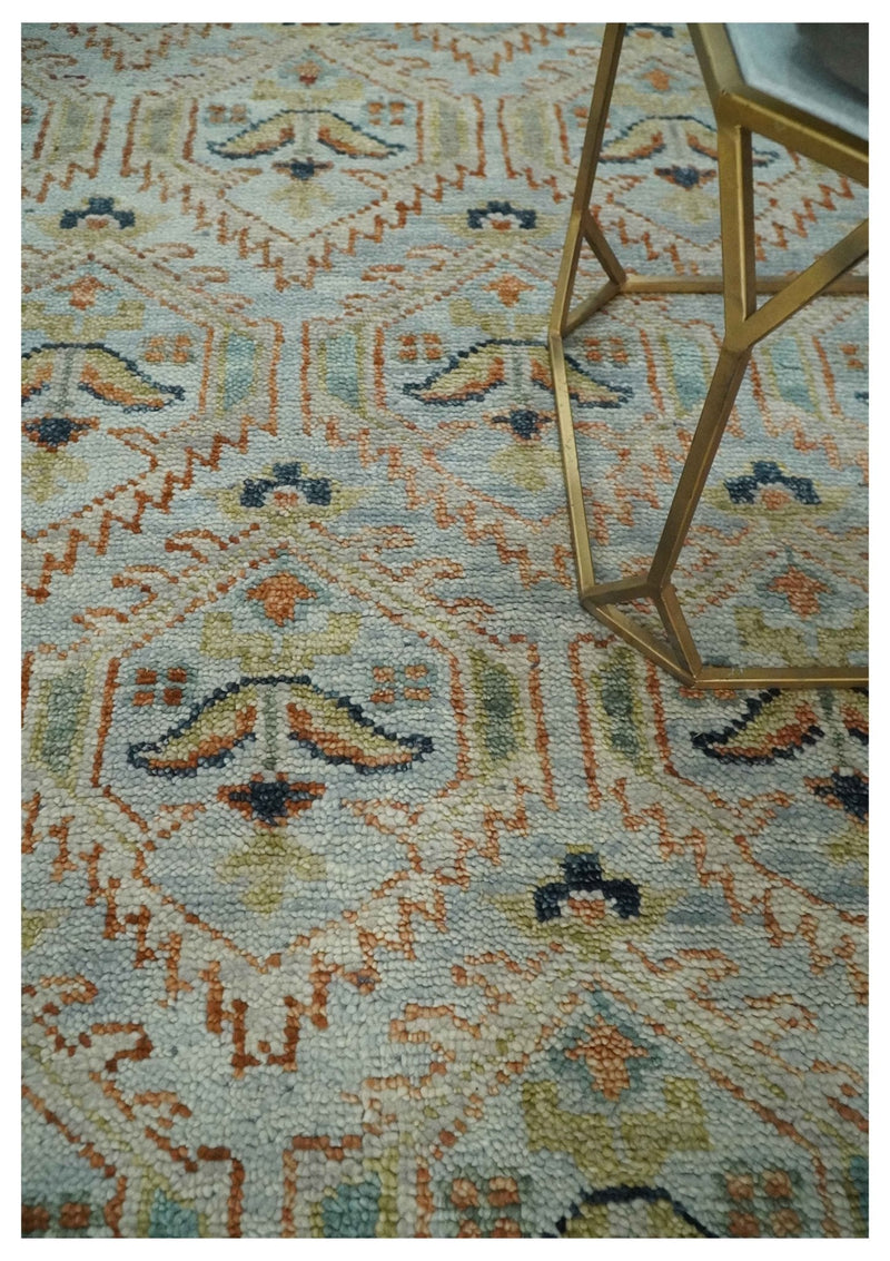 Traditional Floral Ikat Design Silver, Rust and Green Hand knotted 6x9 wool Area Rug