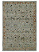 Traditional Floral Ikat Design Silver, Rust and Green Hand knotted 6x9 wool Area Rug