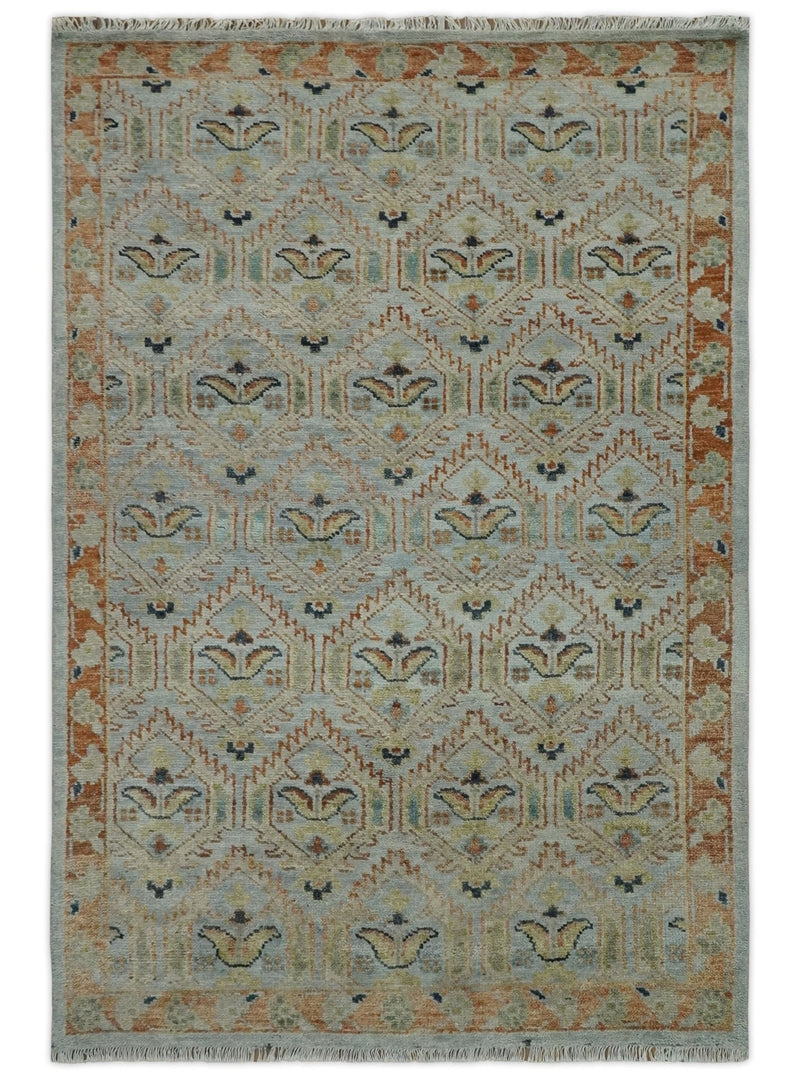 Traditional Floral Ikat Design Silver, Rust and Green Hand knotted 6x9 wool Area Rug
