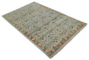 Traditional Floral Ikat Design Silver, Rust and Green Hand knotted 6x9 wool Area Rug
