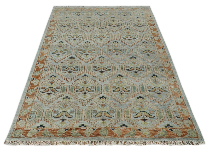 Traditional Floral Ikat Design Silver, Rust and Green Hand knotted 6x9 wool Area Rug