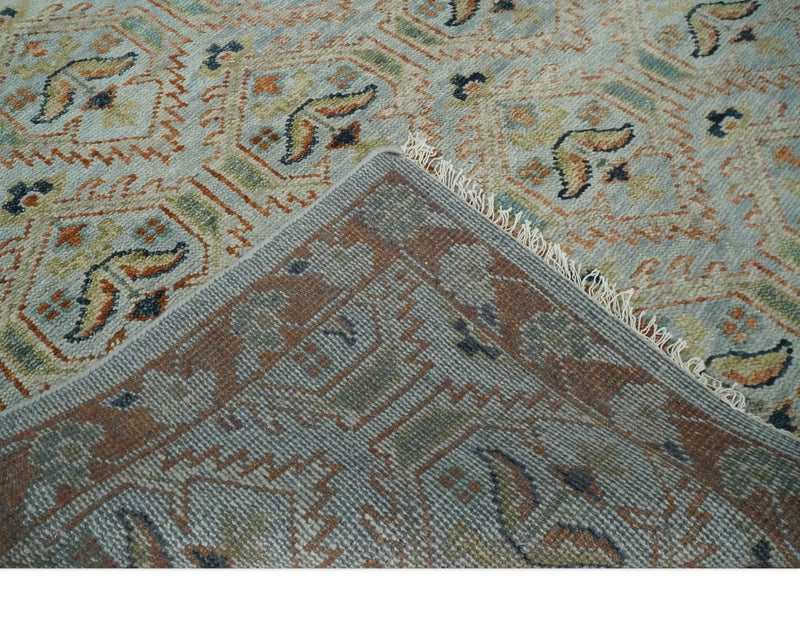 Traditional Floral Ikat Design Silver, Rust and Green Hand knotted 6x9 wool Area Rug