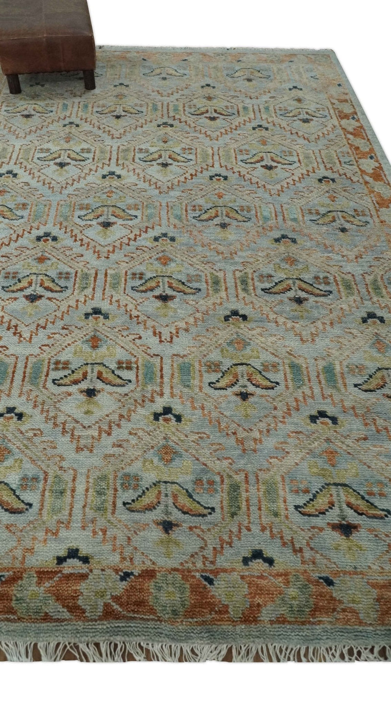 Traditional Floral Ikat Design Silver, Rust and Green Hand knotted 6x9 wool Area Rug