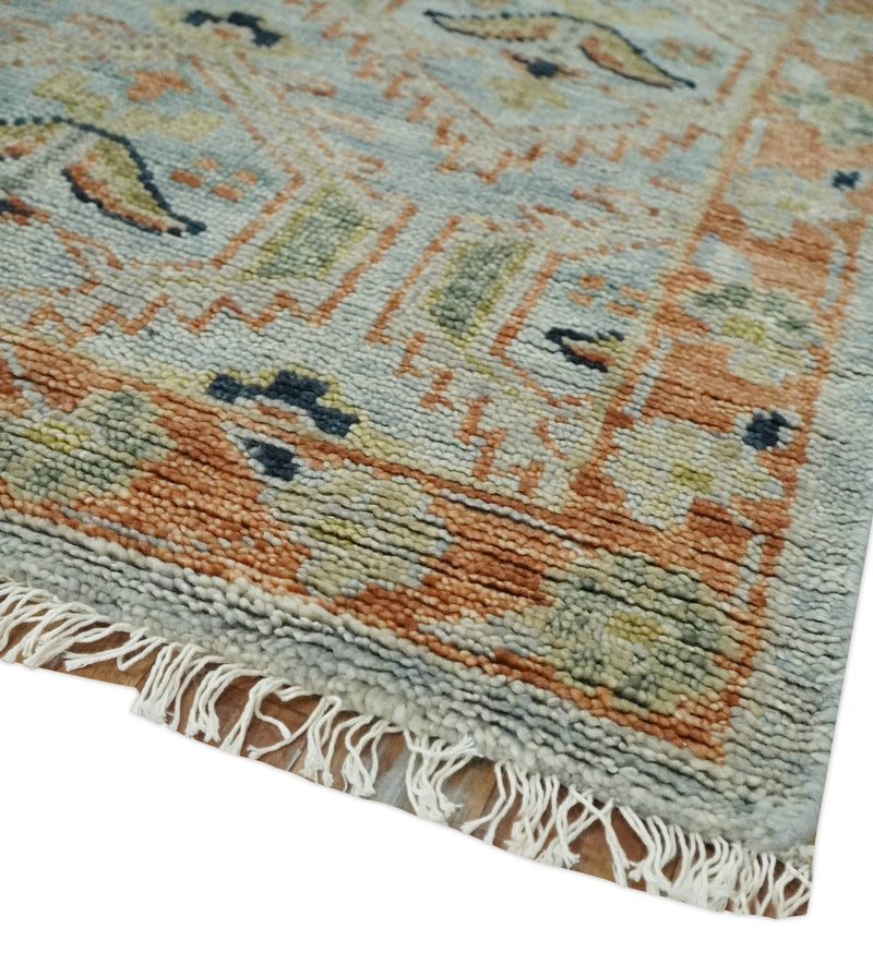 Traditional Floral Ikat Design Silver, Rust and Green Hand knotted 6x9 wool Area Rug