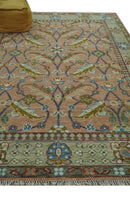 Peach and Green Traditional Floral Hand Knotted Wool Area Rug