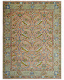 Peach and Green Traditional Floral Hand Knotted Wool Area Rug