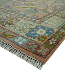 Peach and Green Traditional Floral Hand Knotted Wool Area Rug