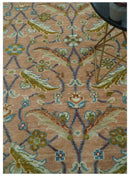Peach and Green Traditional Floral Hand Knotted Wool Area Rug