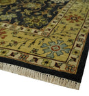 Traditional Floral Vintage Style Black and Olive Hand knotted 8x10 wool area Rug