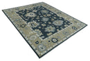 Hand Knotted Wool Oushak Area Rug - Green Beige Silver Ivory