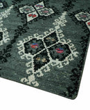 Traditional Ikat Design 5x7.6 Green, Black and Ivory Hand Knotted wool area rug